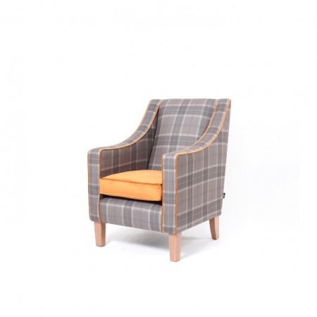 Rathlin comfortable high back contract lounge chair with raked back in contrasting check and orange fabric