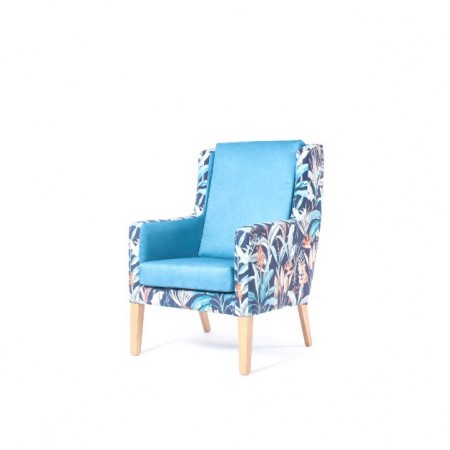 Colonsay high back, generous high back lounge chair for contract use, care homes or hotels in blue dual fabrics