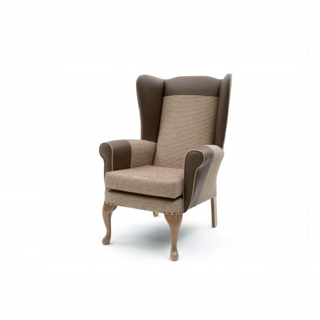 Alexander Queen Anne High Back Chair for care homes - Beige with headrest and armrests in vinyl