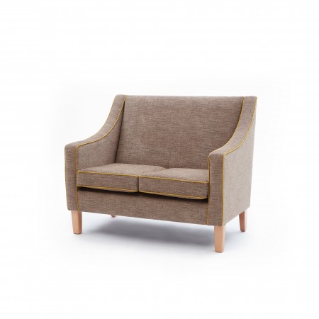 Rathlin comfortable high back 2 seater contract sofa with raked back in brown fabric with contrasting piping