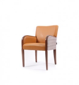Matera contract tub chair for hotels, sports and social clubs and care homes with show wood, ideal dining arm chair - dual fabrics in tan and checked fabric