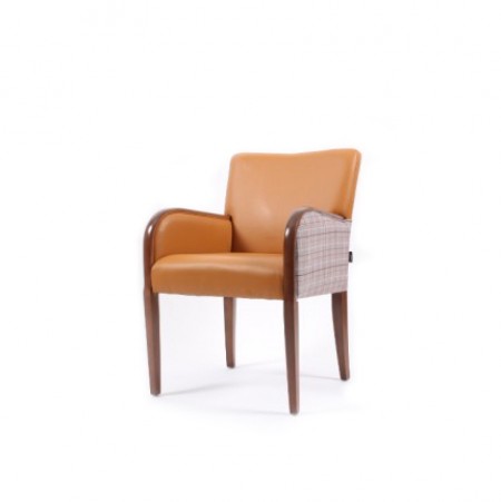 Matera contract tub chair for hotels, sports and social clubs and care homes with show wood, ideal dining arm chair - dual fabrics in tan and checked fabric