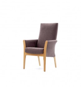 Mexborough, upright, compact lounge chair for care homes and residential homes in brown fabric