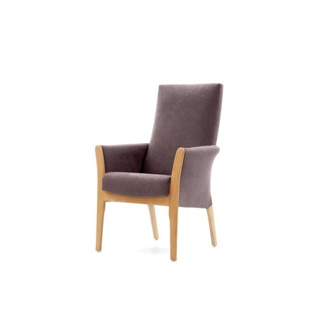 Mexborough, upright, compact lounge chair for care homes and residential homes in brown fabric