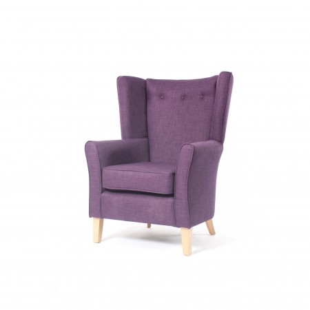 Mayfair with Wings - a traditional wing back lounge chair suitable for care homes or hotels in purple fabric