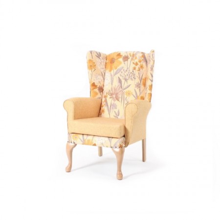 Alexander Queen Anne High Back Chair for care homes - in yellow plain and flowery fabric