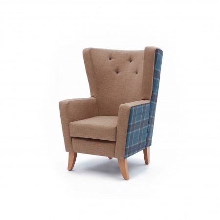 Lismore low back contract lounge chair for hotels or upmarket care homes in check and plain fabric with contrasting buttons