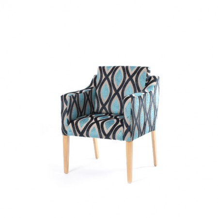 Barra wide care home tub chair with loose back cushion in geometric blue fabric