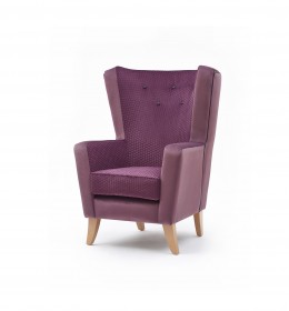 Lismore high back contract lounge chair for hotels or upmarket care homes in purple fabric