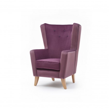 Lismore high back contract lounge chair for hotels or upmarket care homes in purple fabric