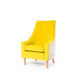 Rona high back, low arm contract lounge chair with stitching in yellow velvet with flowered back