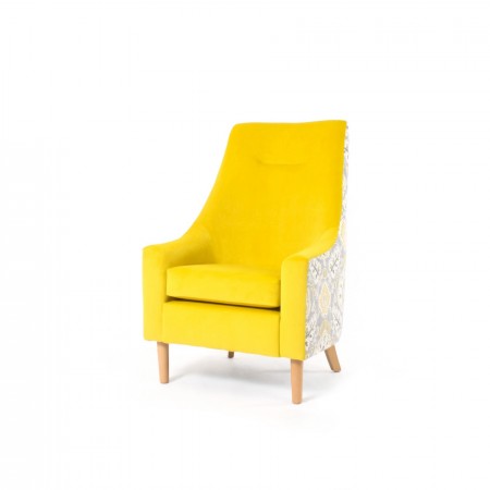 Rona high back, low arm contract lounge chair with stitching in yellow velvet with flowered back