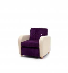 Brunswick retro design mid back lounge chair for care, residential and nursing homes - purple and cream fabrics