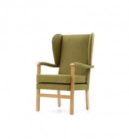 Deepdale high back lounge chair with wings, arm pads and show wood for care home and residential home lounges
