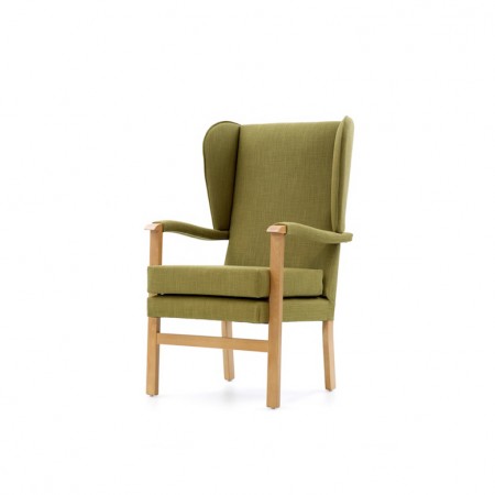Deepdale high back lounge chair with wings, arm pads and show wood for care home and residential home lounges