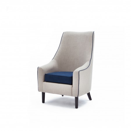 Rona high back, low arm contract lounge chair g in grey with blue seat and piping