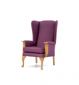 Cheshire lounge chair with show wood for residential care homes in purple fabric