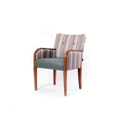 Matera contract tub chair for hotels, sports and social clubs and care homes with show wood, ideal dining arm chair - dual fabrics in grey and striped fabric