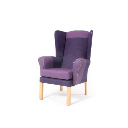 Alexander Queen Anne High Back Chair for care homes - purple with headrest and armrests in vinyl