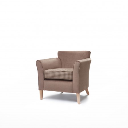 Compact Park Lane low back chair for sophisticated country hotels and care homes, ideal for bedrooms or lounge - here in contrasting brown fabrics