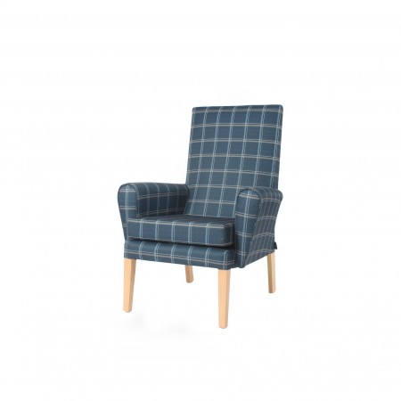 Kirkstall high back cheap contract lounge chair in blue checked fabric